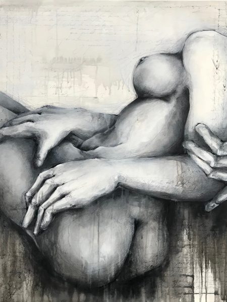 Ale Feijó | Serie grafías de tus manos y las mías II. Técnica mixta, acrílico, tinta, carbonilla y marcador sobre lienzo. 90 x 100 cm