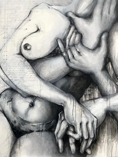 Ale Feijó | Serie grafías de tus manos y las mías I. Técnica mixta, acrílico, tinta, carbonilla y marcador sobre lienzo. 90 x 100 cm