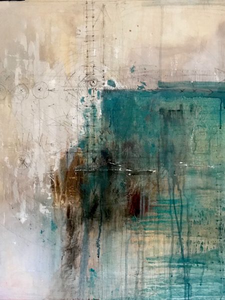 Ale Feijó | Abstracción I. Técnica mixta, acrílico, tinta y marcador sobre lienzo. 60 x 70 cm