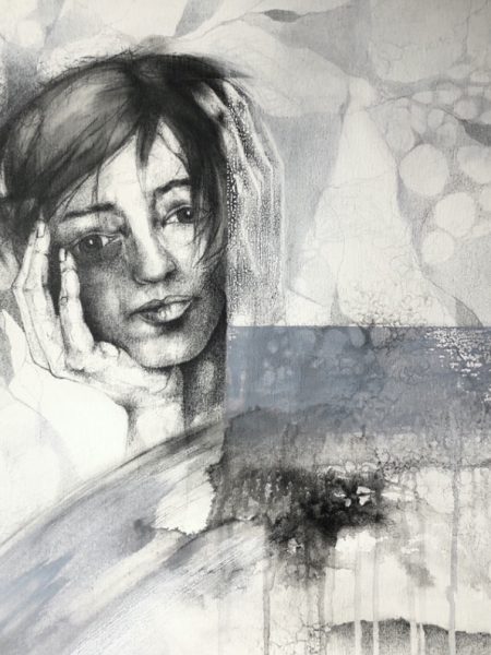 Ale Feijó | En mi mente. Técnica mixta, lápiz, carbonilla, tinta y acrílico sobre lienzo. 50 x 60 cm