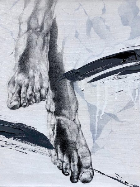 Ale Feijó | No me elijas por parte. tómame entera I. Técnica mixta, lápiz, carbonilla, tinta y acrílico sobre lienzo. 40 x 40 cm