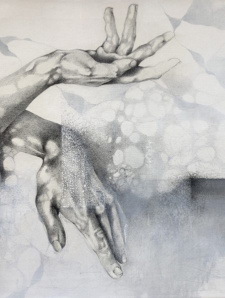 Ale Feijó | No me elijas por parte. tómame entera II. Técnica mixta, lápiz, carbonilla, tinta y acrílico sobre lienzo. 50 x 50 cm