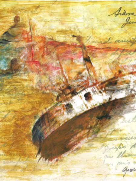 Adriana Furstner | Serie Cartasembarcadas. Llegando a destino. Arte digital intervenido con acrílico sobre papel. 27 x 18 cm. 2019