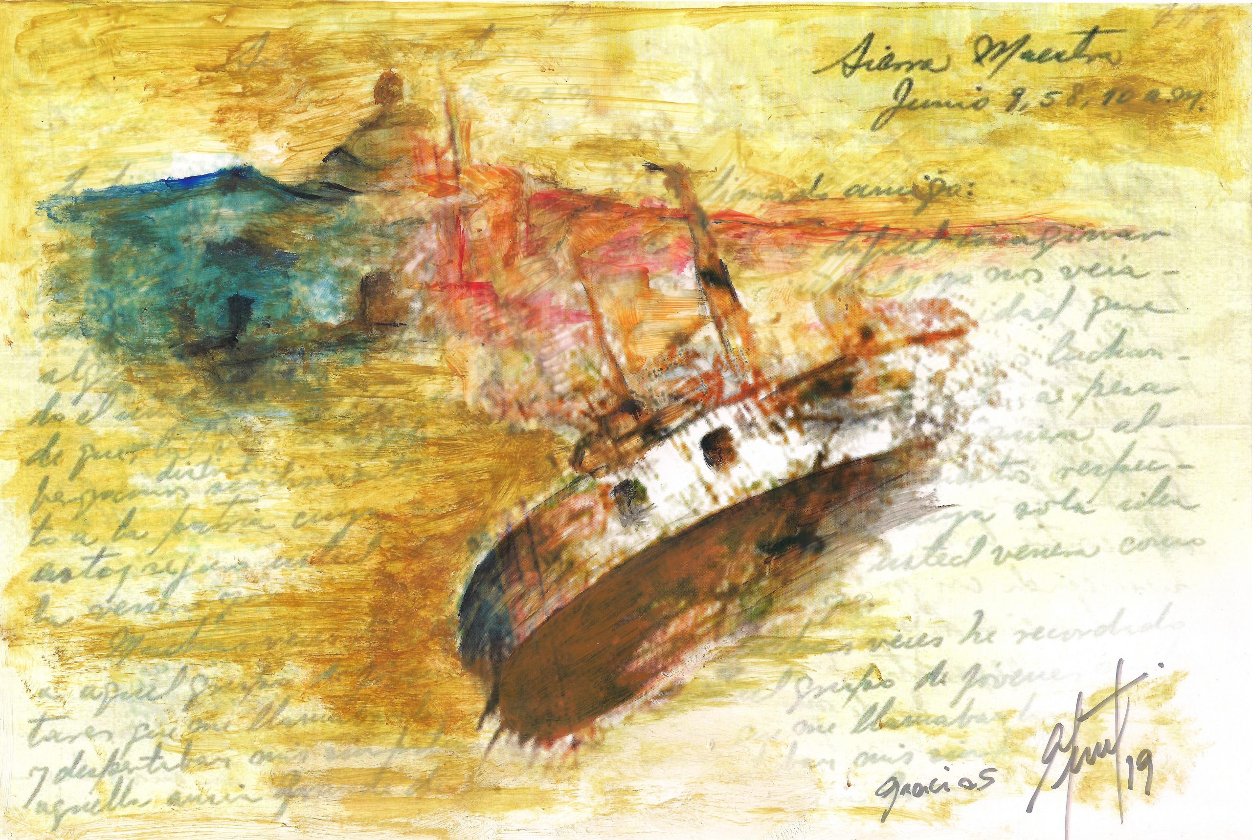 Adriana Furstner | Serie Cartasembarcadas. Llegando a destino. Arte digital intervenido con acrílico sobre papel. 27 x 18 cm. 2019