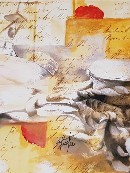 Adriana Furstner | Serie Cartasembarcadas. Carta con sello real. Arte digital intervenido con acrílico sobre papel. 27 x 18 cm. 2020