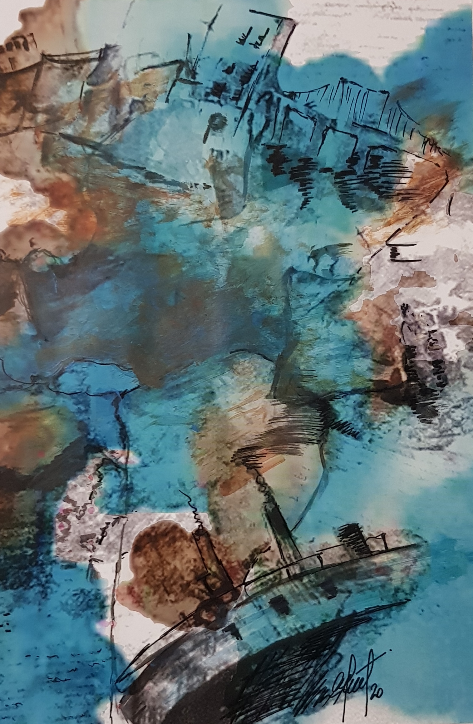 Adriana Furstner | Serie Cartasembarcadas. Siguiendo la ruta. Arte digital intervenido con acrílico sobre papel. 27 x 18 cm. 2020