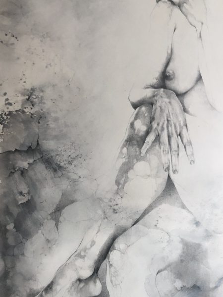 Ale Feijó | Sola | Técnica mixta, lápiz, lápices de color, carbonilla, tinta y acrílico sobre lienzo. 60 x 120 cm