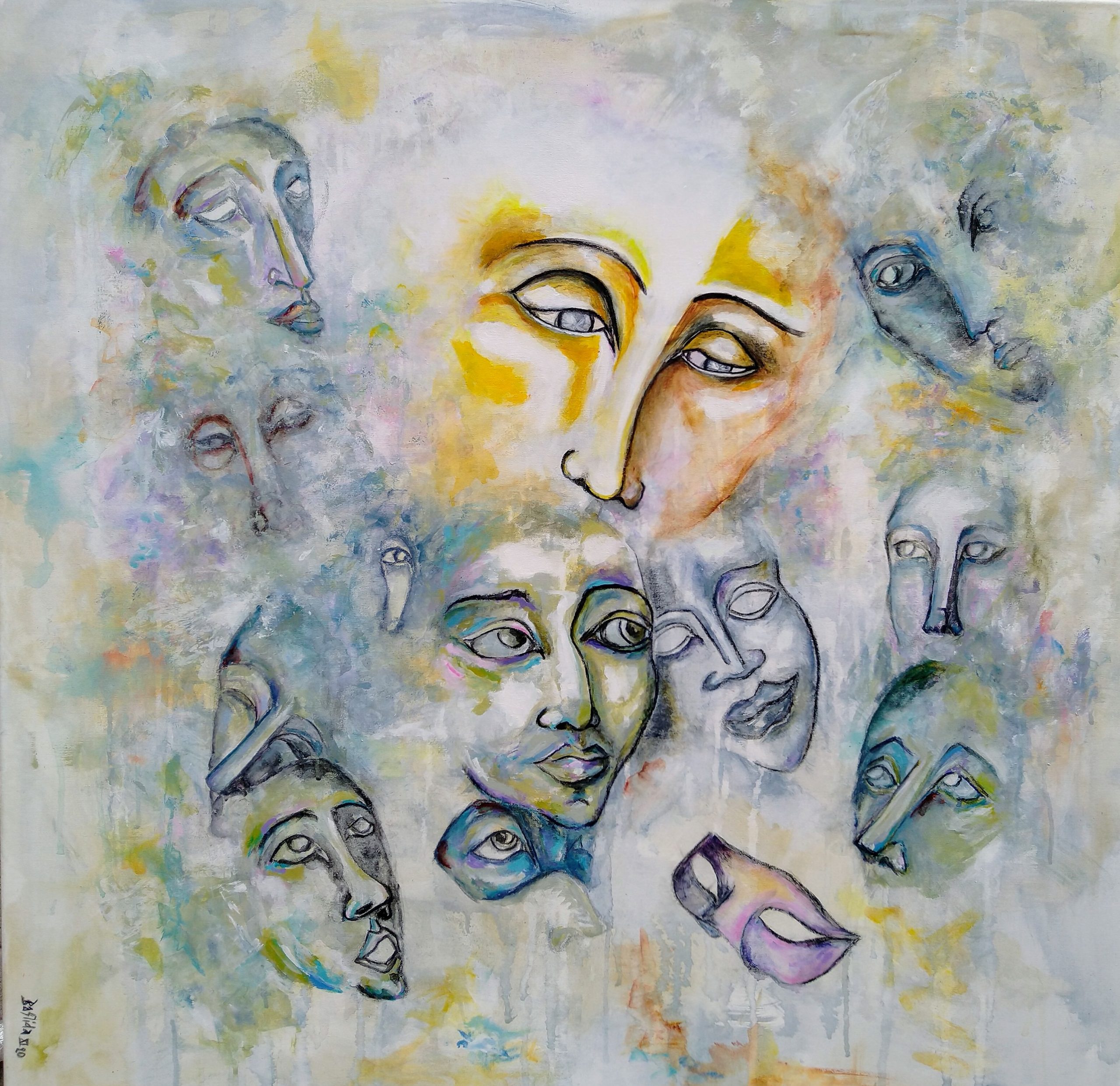 Sandra Bastida | Pasos del tiempo. Técnica mixta. Acrílico, carbonilla, tintes naturales de propia elaboración. Sobre lienzo de tela en bastidor de madera. 100 x 100 cm.