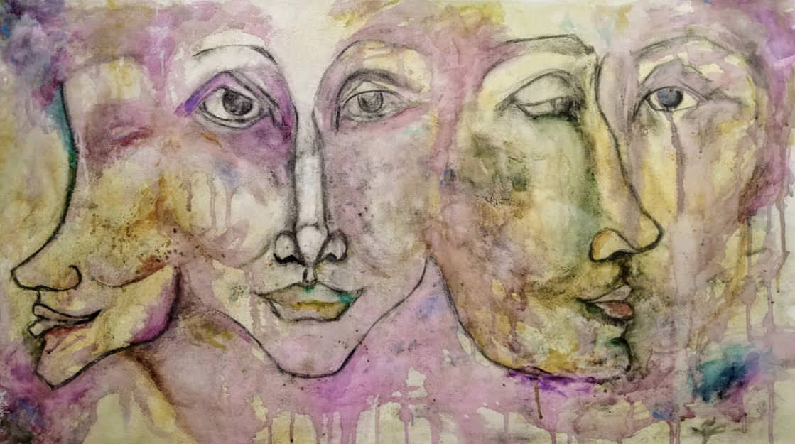 Sandra Bas tida | Mis Otros Yo. Técnica mixta. Acrílico, tintes naturales de propia elaboración sobre lienzo de tela en bastidor de madera. 50 x 90 cm.