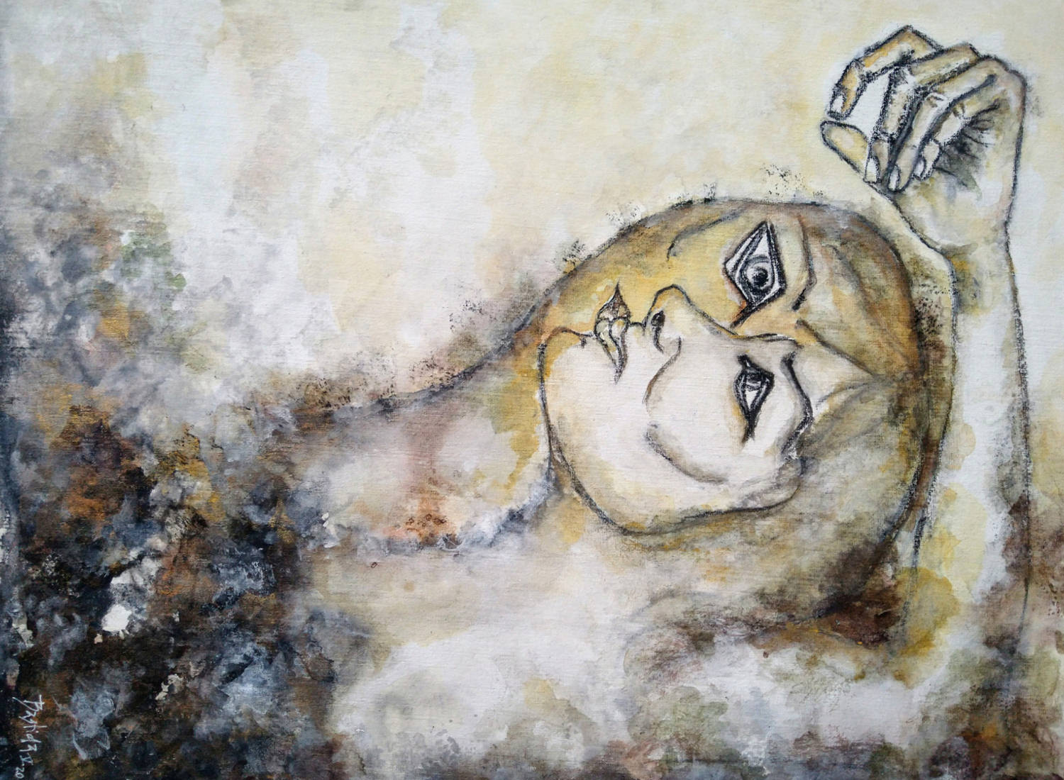 Sandra Bastida | El Origen. Técnica mixta. Acrílico, tinta china y carbonilla, cartón entelado en caja de madera. 40 x 50 cm.