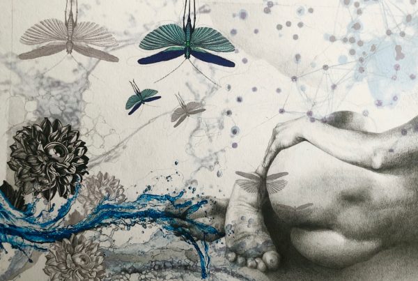 Ale Feijó | Mixtura de cuerpos III | Técnica mixta: dibujo sobre papel y collage digital impreso sobre el papel dibujado. 34 x 23.5 cm